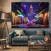 Vibrant Bourbon Street Tapestry, Dazzling Neon Lights of New Orleans' French Quarter at Night, Lively Urban Party Wall Art