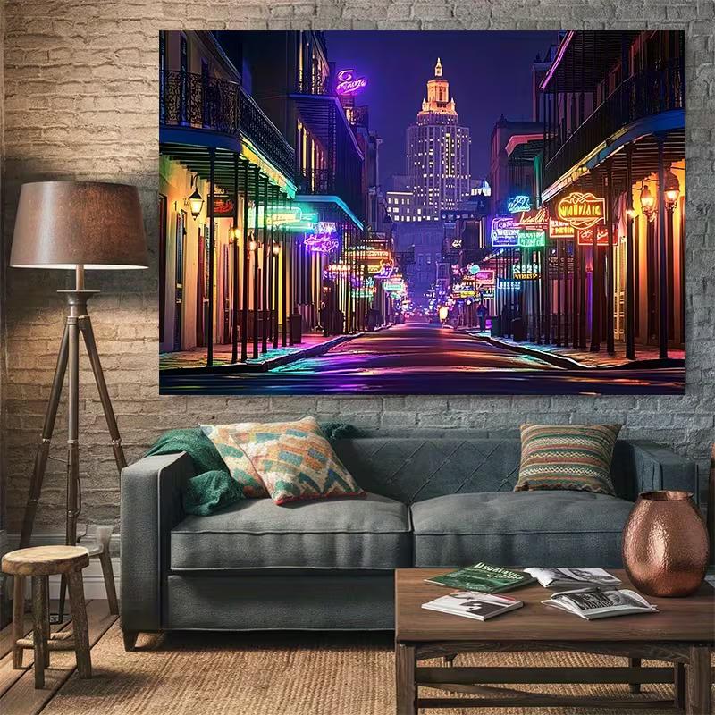 Vibrant Bourbon Street Tapestry, Dazzling Neon Lights of New Orleans' French Quarter at Night, Lively Urban Party Wall Art