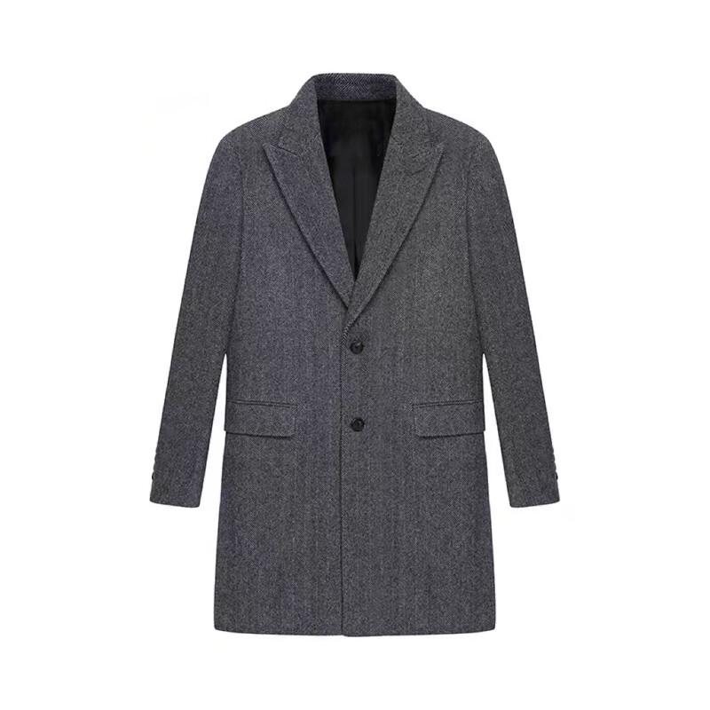 Qisuo Men's Grey Herringbone Single-Breasted Overcoat