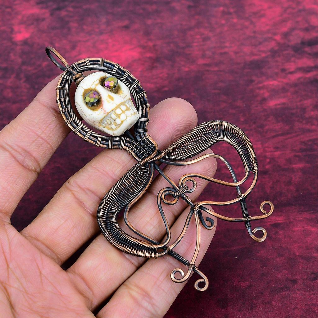 Howlite Pendant Copper Wire Wrapped Jewelry Titanium Bead Eyes Jewelry Skull Bone Face Pendant