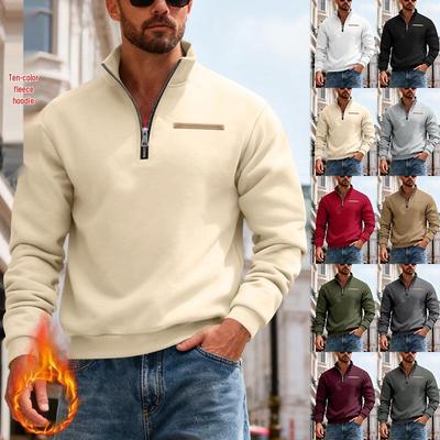 European & American Men's Heavyweight Winter Sports Hoodie - Warm, Loose Fit, Stand Collar, Half Zip, Color Block Stripe Design