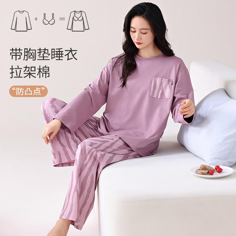 Pyjamas mit integrierten Brustpolstern Reine Baumwolle Langärmelig Damen Freizeit-Loungewear Damenmodelle