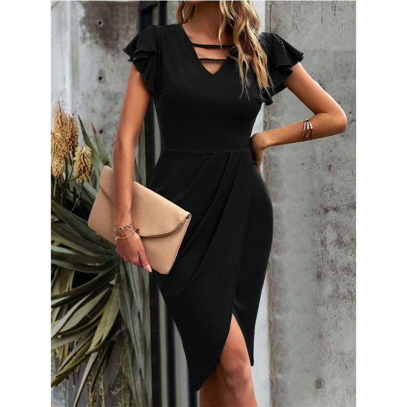 Summer Women Dress Casual Ladies Skirt Summer Ruffle Sleeve Pure Color Dress