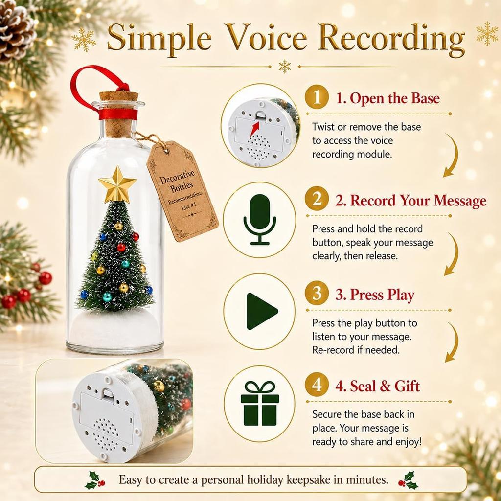 Recordable Christmas Tree In a Bottle Ornament,30-Second Voice Recording Keepsake with Snowy Mini Trees,Glass Holiday Decoration for Mantel