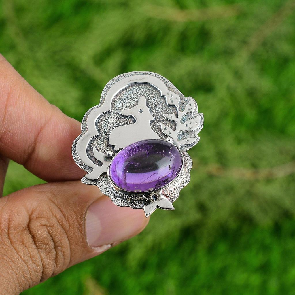 Sterling Silver Natural African Amethyst Wedding Promise Statement Bezel Ring