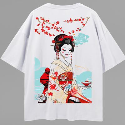 Japanese Geisha Colorful Oversize Deep Drop Shoulder Tee, Sakura Blossom Japanese Aesthetic, Cherry Blossom Geisha Print, Harajuku