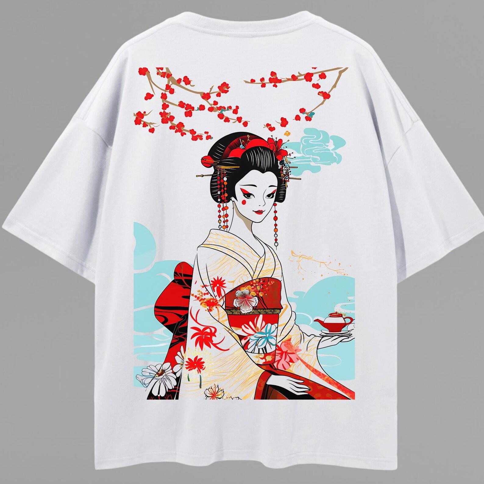 Japanese Geisha Colorful Oversize Deep Drop Shoulder Tee, Sakura Blossom Japanese Aesthetic, Cherry Blossom Geisha Print, Harajuku 4XL
