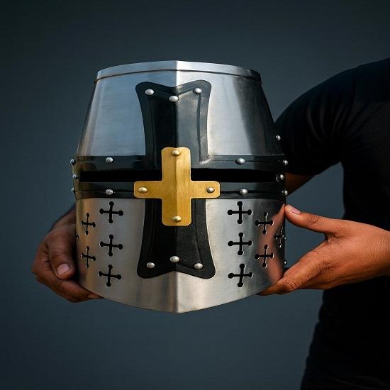 Medieval Templar Helmet 13th Century Full Face Steel Helmet Medieval Crusader Great Helmet Historical Cosplay LARP Helmet