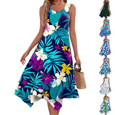 Women's Casual Fashion Round Neck Sleeveless Floral Print Irregular Hem Midi Dress