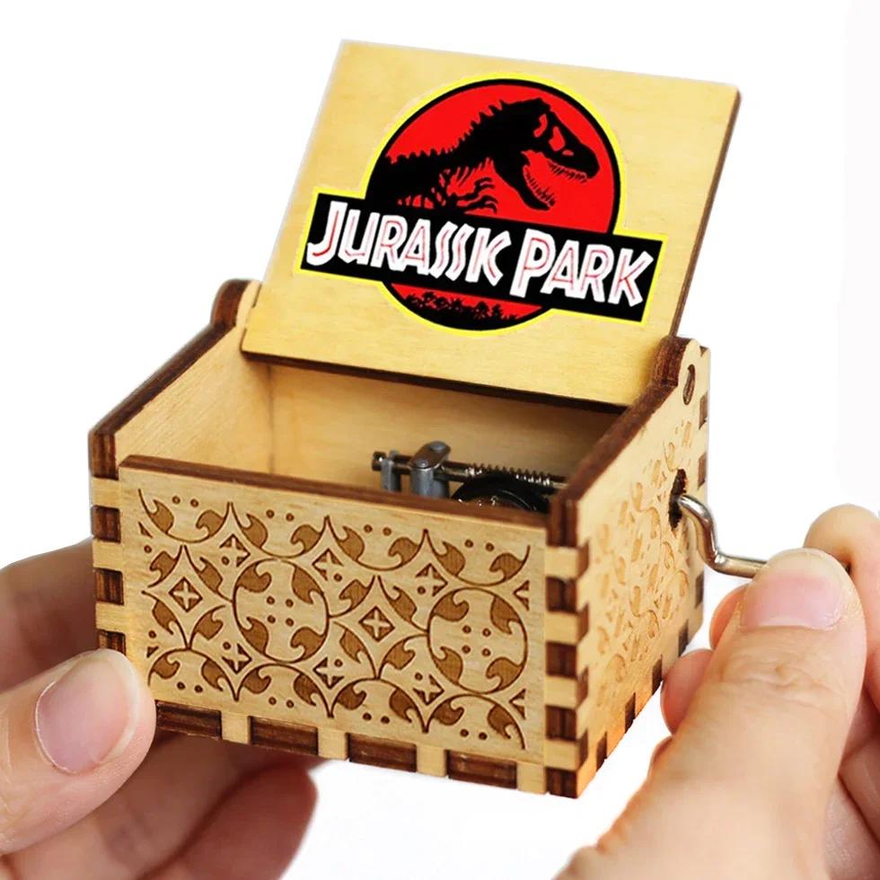 **Hot Antique carved Wooden Hand Crank Jurassic Park Music Box Action Toy Figure Anime Model Christmas Birthday Gift