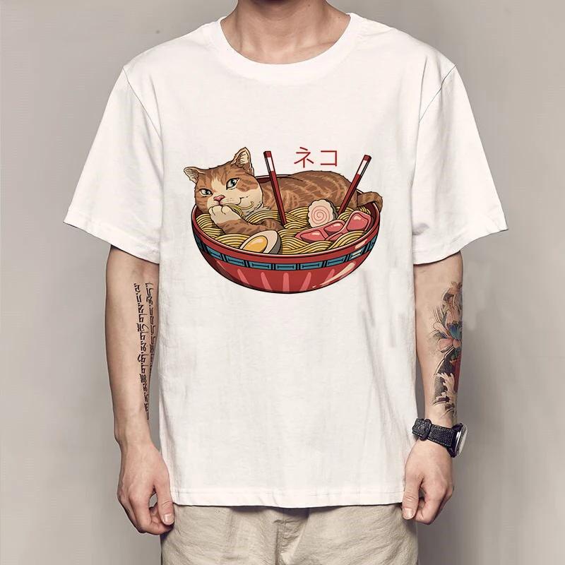 New Fashion Summer Mens T Shirt Casual Short Sleeve Samurai Cat Print Anime Tshirt Men Women Japanese Neko Sushi Wave Tops