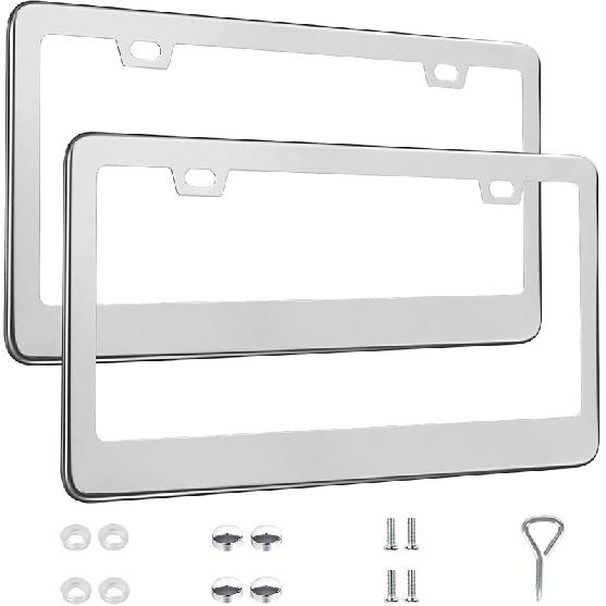 2 Pack License Plate Frames, Stainless Steel Car License Plate Cover Car Accessories With Screw Caps (Black) серебряный
