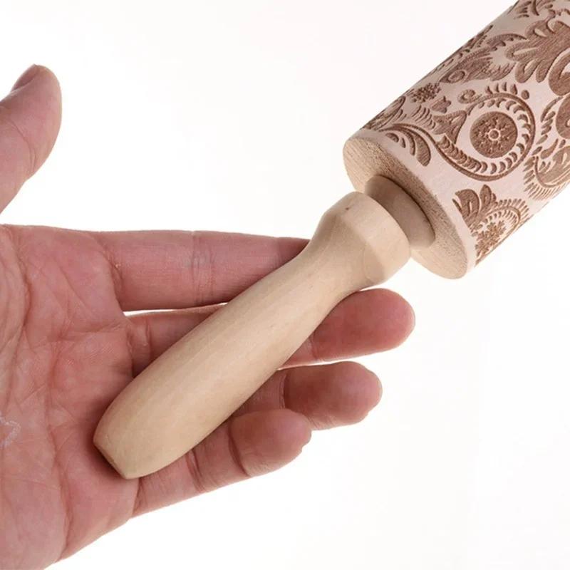 Vintage Pattern Engraved Baking Pastry Tool Fondant Dough Christmas Accessories Wood Embossing Rolling Pin