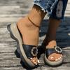 Fashion Retro Diamond Decor Pu Leather Slippers Women Chic Buckle Design Patchwork Med Heel Sandals Female Roman Thick Sole Slides Mujer