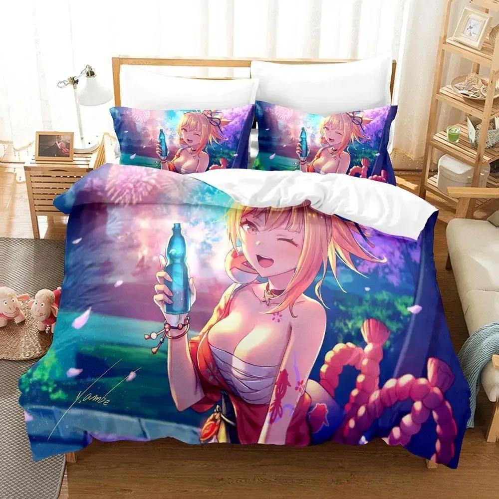 Neuer Anime Genshin Impact Yoimiya Bettwäsche-Set King Bettbezug Kissenbezug Bettdeckenbezug Bettwäsche Heimtextilien
