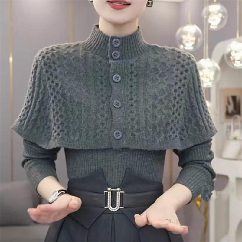 Temperament Cape Knit Two Piece Set Women Fashion V Neck Long Sleeve Pullover Sweater Stand Collar Knit Cardigan Shawl Suits