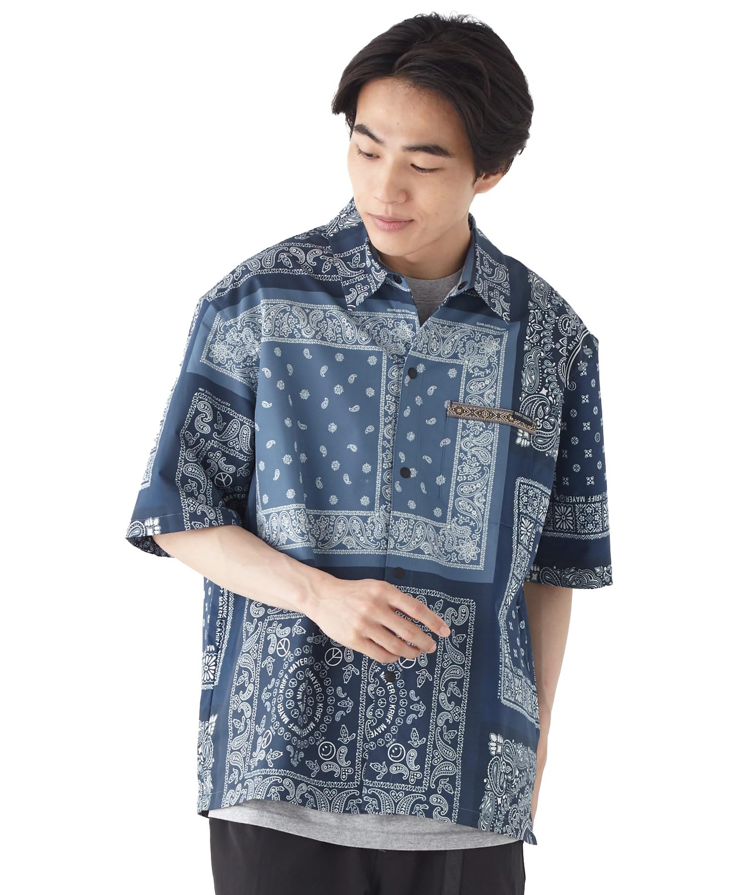 

принт Saranobi темно-синий [Cliff Mayer] Охлаждающая на ощупь рубашка с коротким рукавом по всей поверхности, мужская, большая,