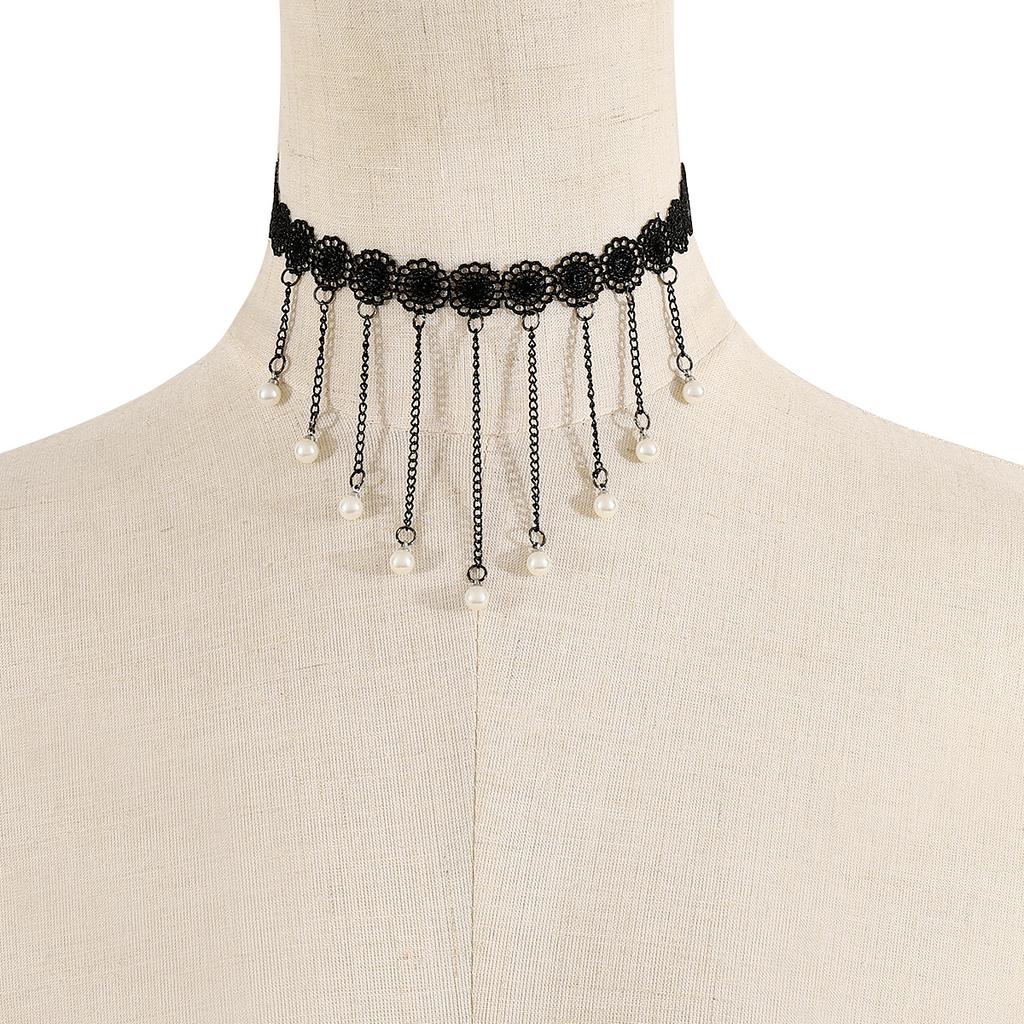 Vintage Lace Pearl Pendant Necklace, Court Style Fringed Chain Chokr Neck Chain