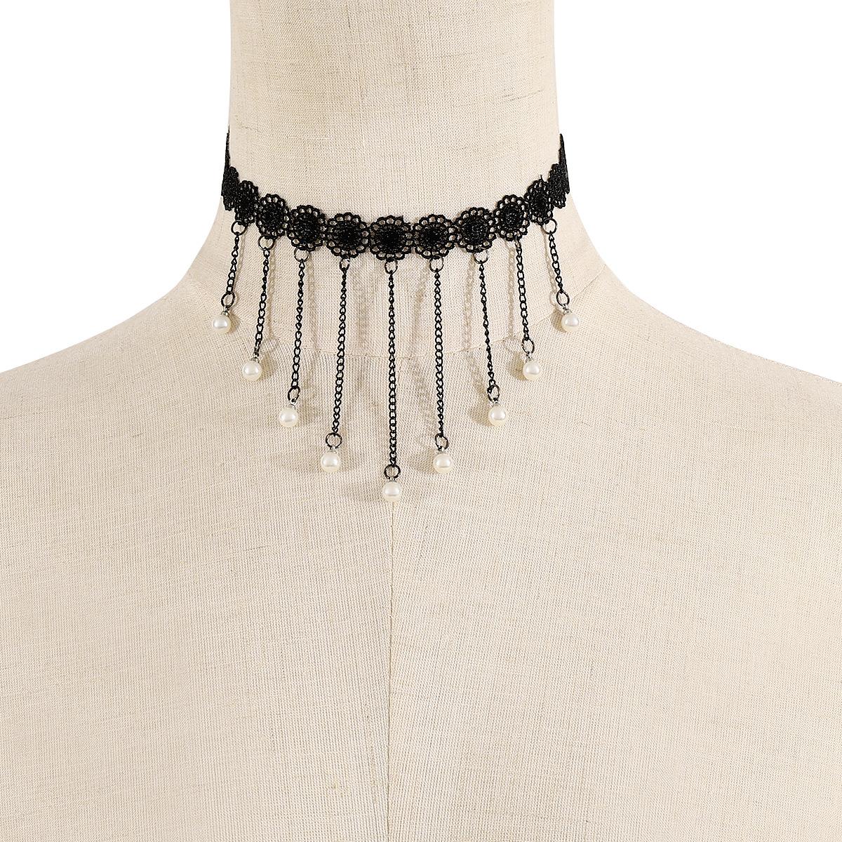 Винтажное кружевное жемчужное ожерелье-подвеска, чокер-цепочка с бахромой в придворном стиле чёрный