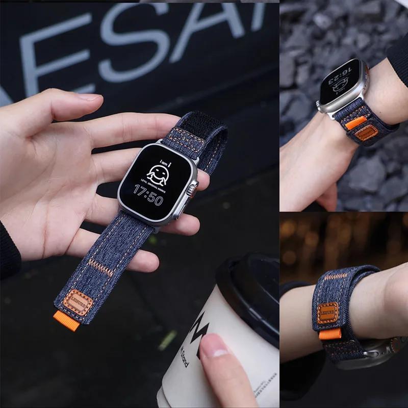 Denim Nylon Band for Apple Watch Ultra 3 2 1 49mm/11 10 46mm 42mm Canvas Wristband iWatch 9 8 7 6 5 SE 3 45mm 44mm 40/41mm Strap