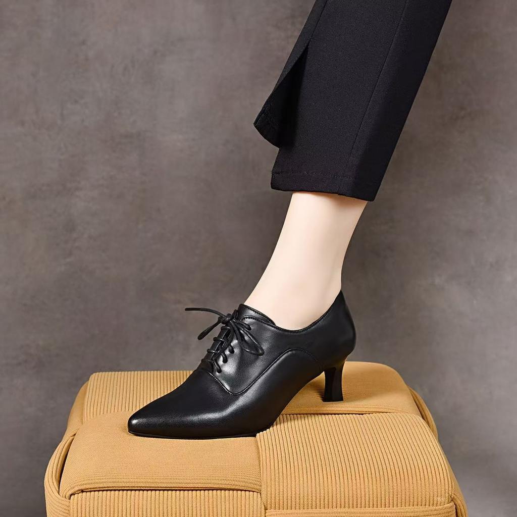 Pointed deep mouth single shoes women's autumn new lace-up stiletto women's shoes temperament sheepskin high heels