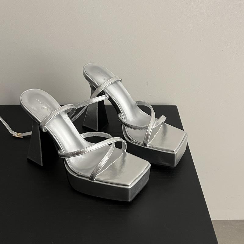 

Мода 2025 Женские ПУ Узкий Ремешок Крест Супер Высокие Каблуки Женские Платформа Квадратный Носок Ремешок с Пряжкой Каблуки-Шпильки Сандалии Вечеринка Клуб 39 серебряный