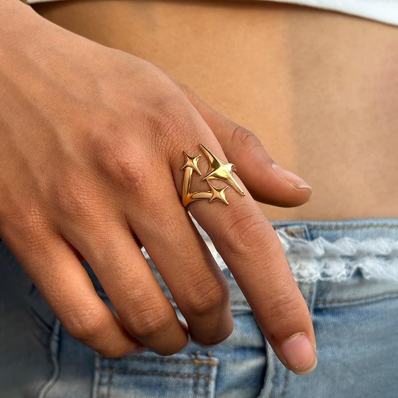 Stainless Steel Gold Color Cross Star Open Rings for Women Men Couple Fashion Metal Adjustable Thin Finger Ring Y2K Zircon Gift
