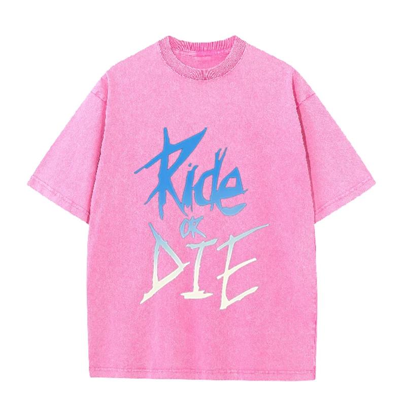 Ride Or Die Letter Print Vintage Washed T Shirt Unisex Punk Rock Casual Tee