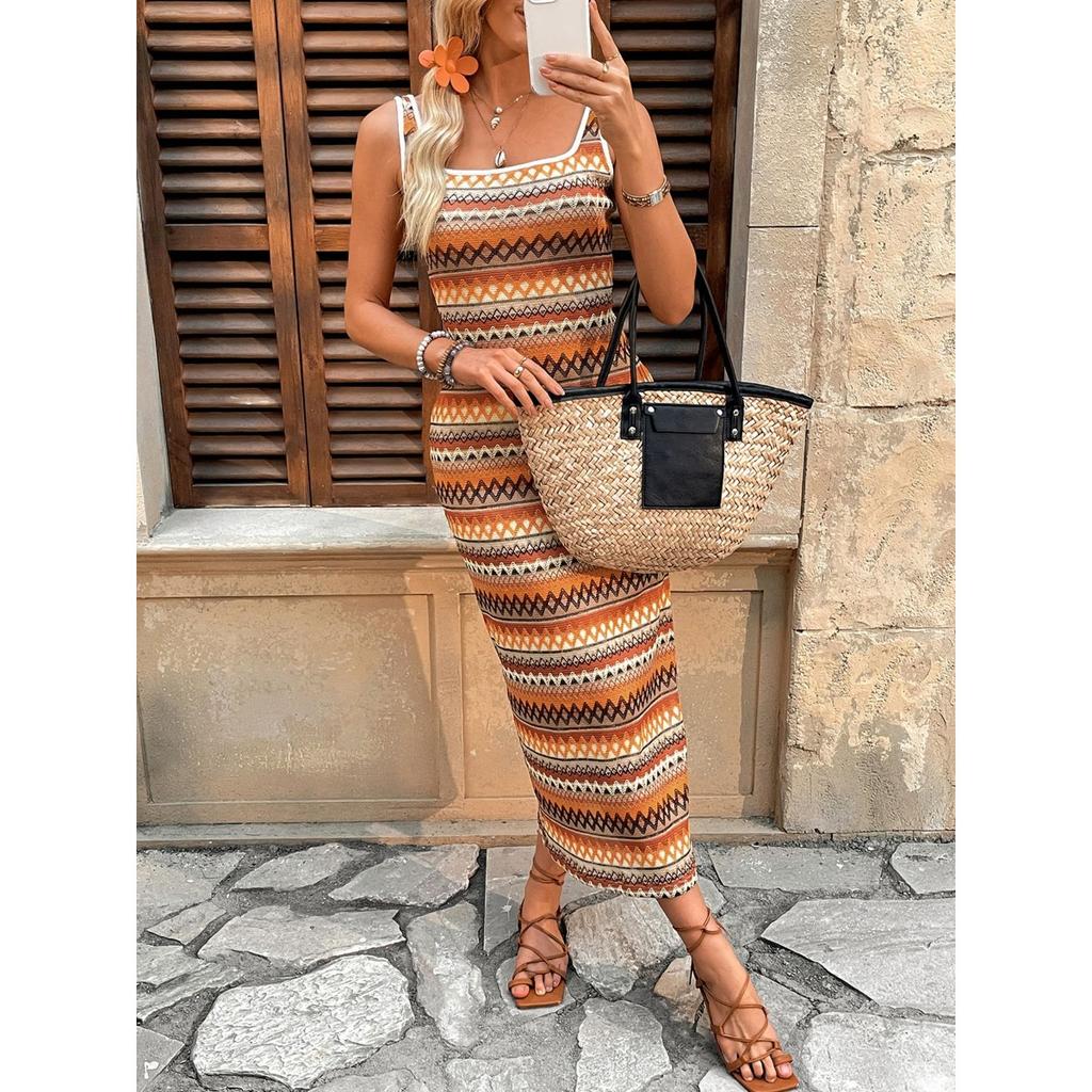 New Women's European American Style Jacquard Geometric Stripe Slip Dress, Seaside Vacation Beach Dress