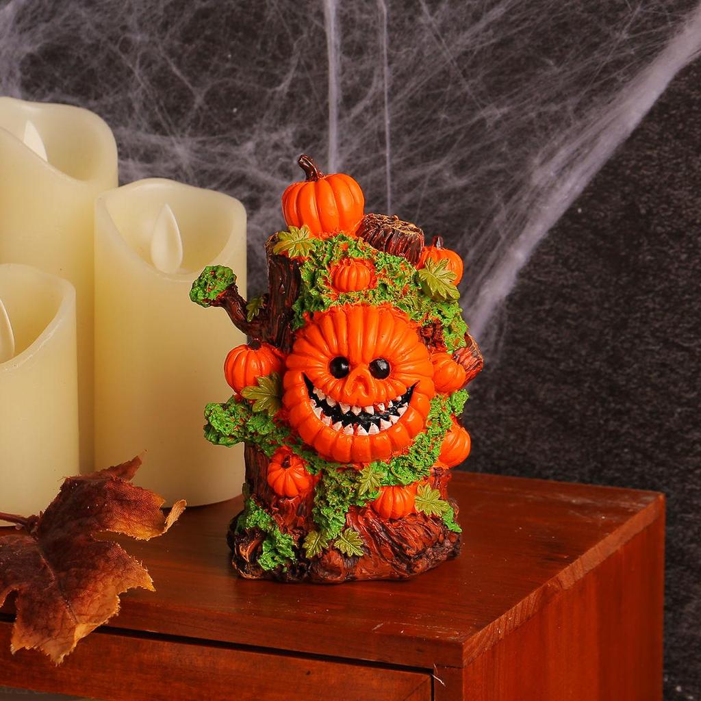 Halloween Green Pumpkin Tree Spirit Figurine - Spooky Skull Decor for Party and Atmosphere