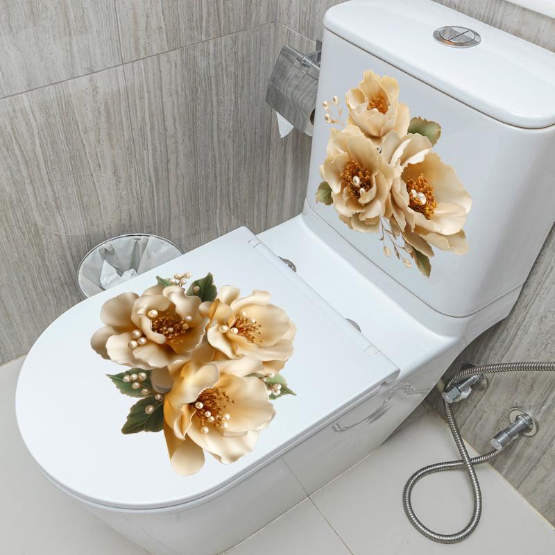 

Роскошная золотая жемчужная цветочная наклейка на туалет, водостойкая самоклеящаяся наклейка для декора ванной комнаты, наклейки на стену