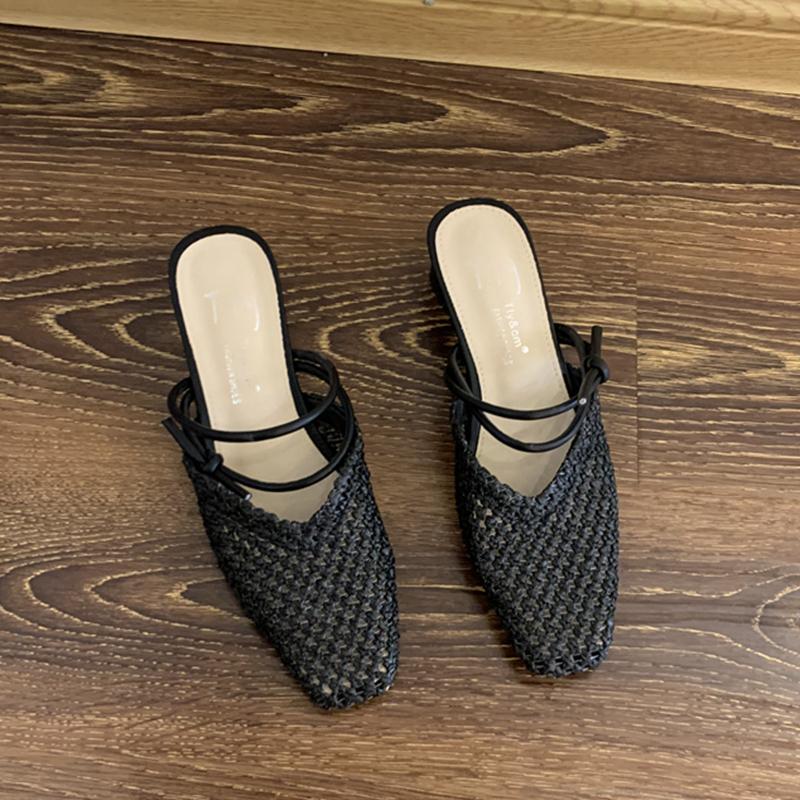 Fashion SUOJIALUN Summer New Women Slip On Mules Shoes Fashion Cane Weave Ladies Sandal Shoes Square Low Heel Outdoor Casual Slipper