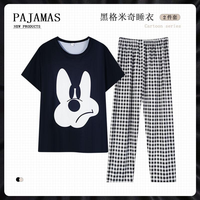 Cartoon Mickey Korean Plaid Control Pajamas Women's Summer Simple Casual Round Neck Short-sleeved Loungewear Suit Can Be Worn Outside