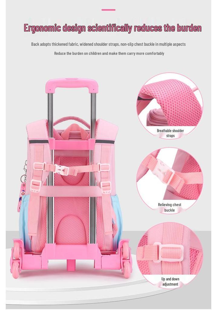 Large Capacity Trolley School Bag for Girls, Grades 3-6 - Stair Climbing & Detachable Design