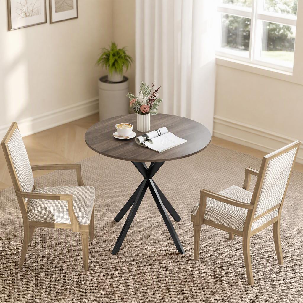 Round Dining Table for 2, Wood-Effect Top, Crossed Steel Legs, Brown