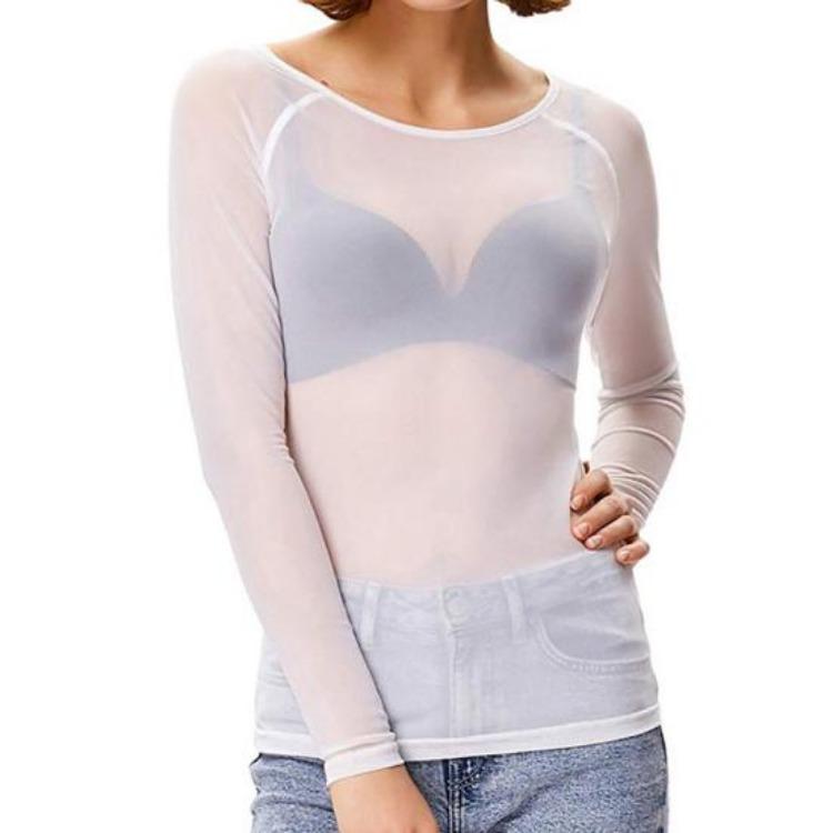 Women See Through Mesh Top Long Sleeve Slim Fit Shirt Sexy Clear Gauze O Neck Sun Protection Tops