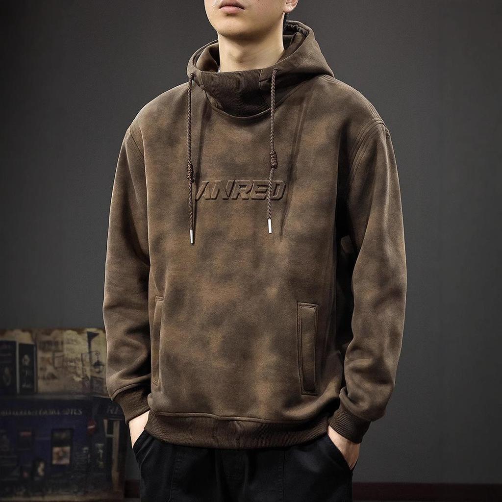 Men's Heavyweight Retro Hooded Sweatshirt: Autumn/Winter Thickened Style with Stamped Half-High Collar.