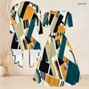 Women Plus Size Two Piece Set Abstract Printed Square Neck Short Sleeve Belted Flared Dress 3 4 Sleeve Open Front Cardigan