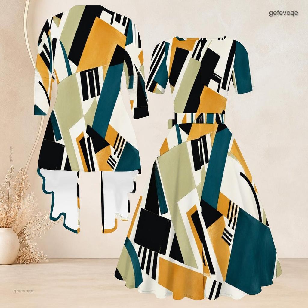 Women Plus Size Two Piece Set Abstract Printed Square Neck Short Sleeve Belted Flared Dress 3 4 Sleeve Open Front Cardigan
