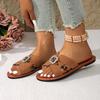 Women's Flat Slippers Women's New Summer Wear Square Button Rhinestone Flat Sandals