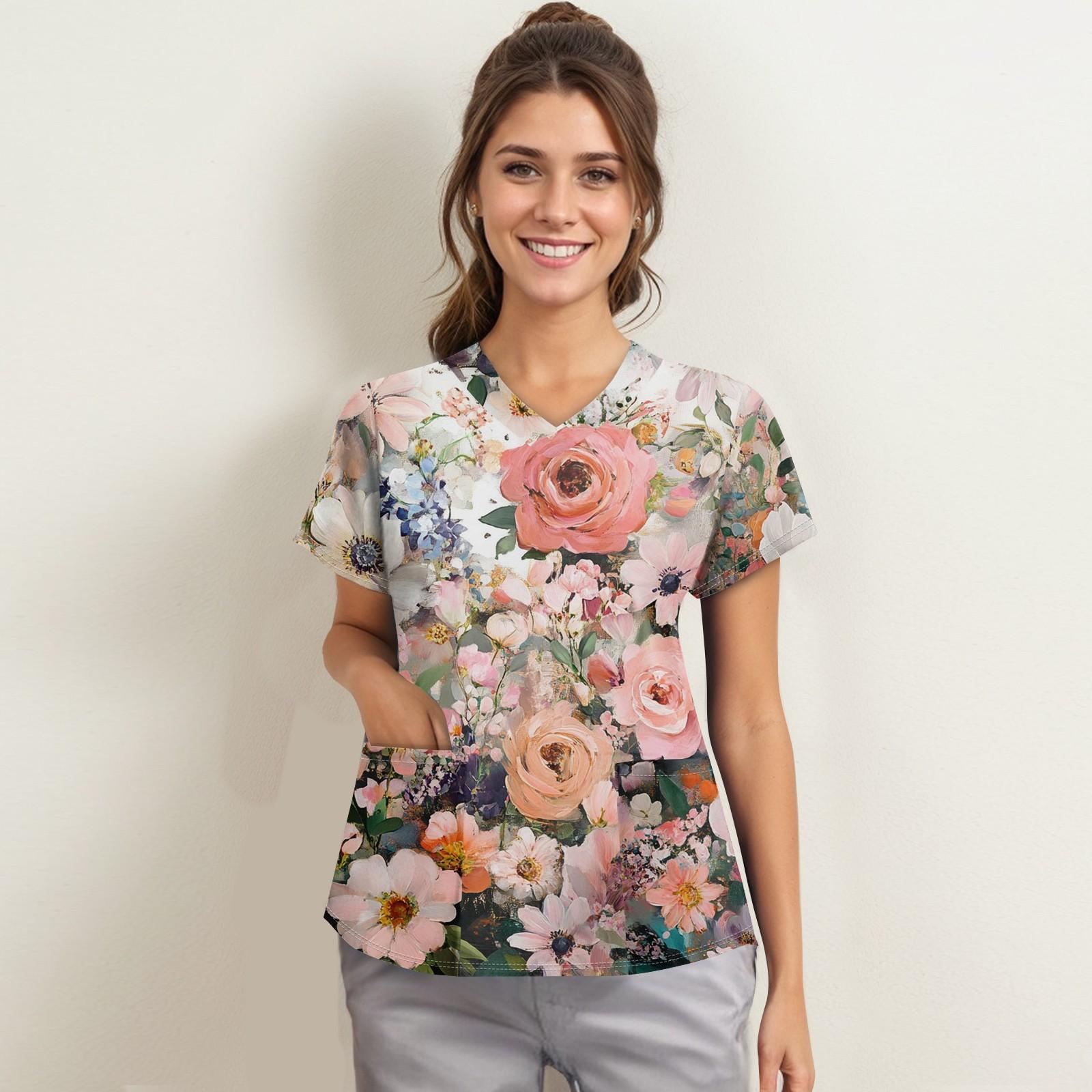 

Женская мода с v-образным вырезом, короткими рукавами и карманами, топы с принтом XXXXL