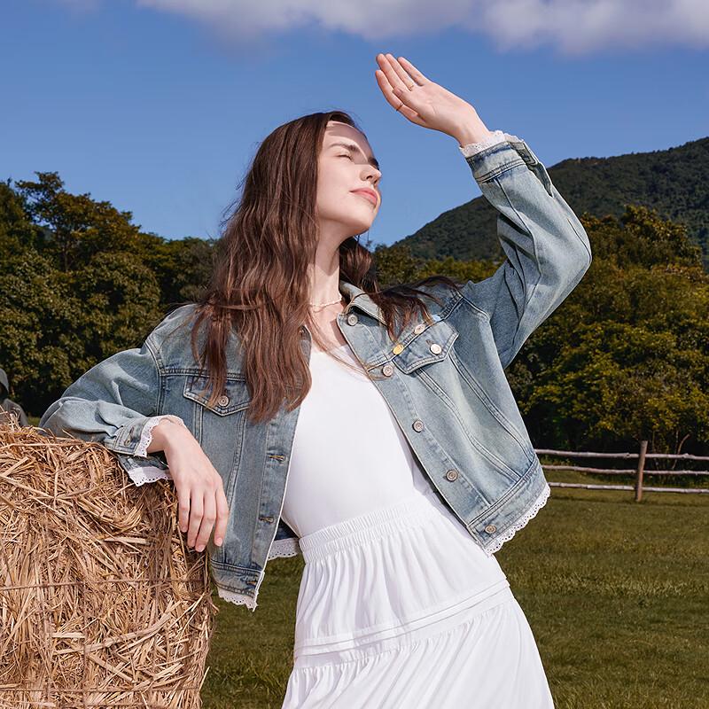 Betu Women's Short Lace-Trim Washed Denim Jacket