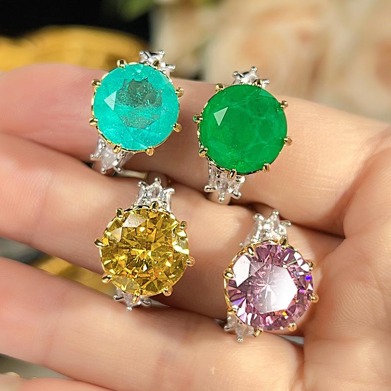 Ring Jewelry Colored Treasure Round Heavy Industry Luxury Inlaid Ring Women'S Two-Color Gold-Plated Ring