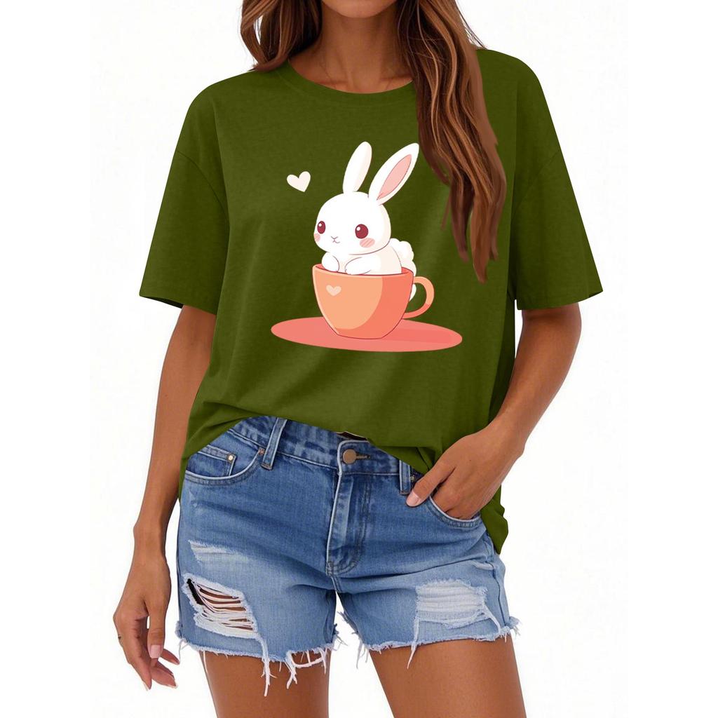 Tricou cu mânecă scurtă și imprimeu casual pentru femei, cu guler rotund