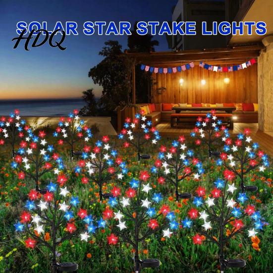 Solar Star Stake Lights 4th of July Garden Lights Red White Blue Outdoor Powered Decorations String Waterproof Flexible Design Patriotic Flag
