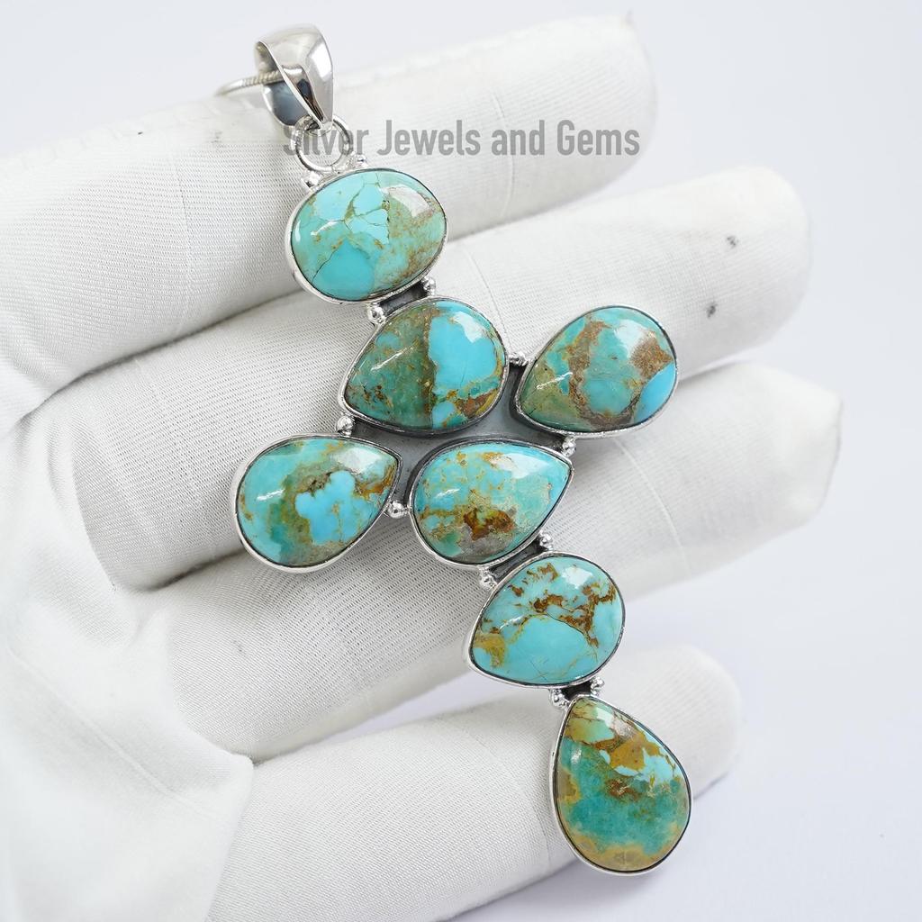 Natural Turquoise Cross Pendant , Kingman Turquoise Pendant, Birthday Pendant, Multi Stone Pendant, 925 Sterling Silver Handmade Pendant
