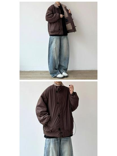 Herren Japanische Retro Lammwolle Warme Baumwolljacke - Winter Lockerer Schnitt, Samt Verdickt, Stehkragen Oberbekleidung