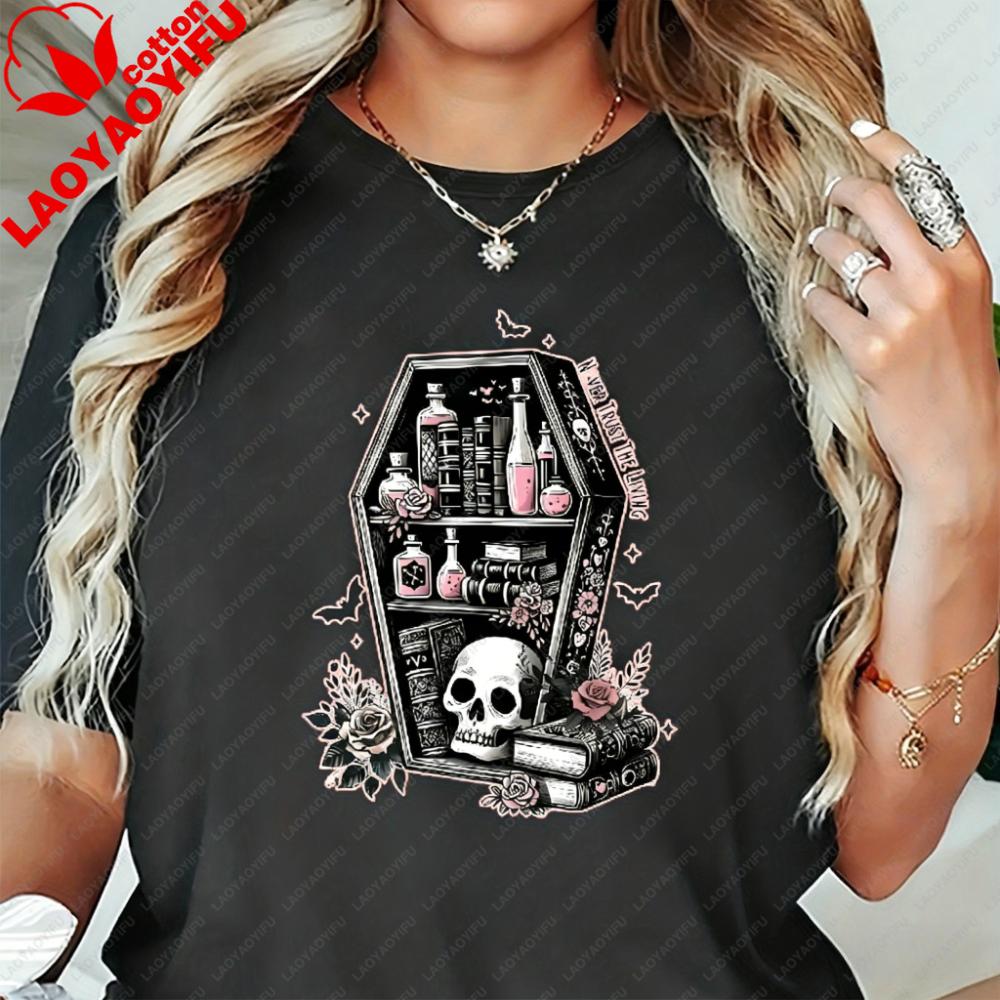 Necronomicon Coffin Shelf Unisex Cotton Tee Dark Academia Skull  Rose Graphic TShirt for Book Witches Harajuku Women Clothing S
