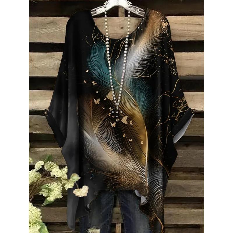T-shirt Estiva da Donna Stampa Colibrì Pavone Girocollo Coda Comoda Manica Corta Oversize Orlo Irregolare Top