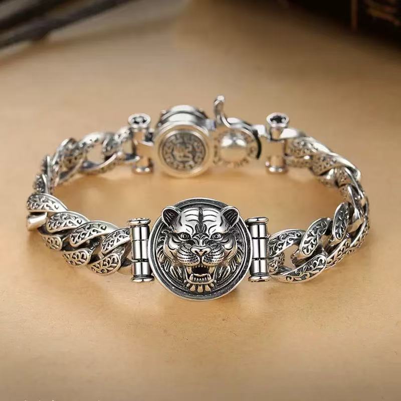 2026 Silver Retro Personality Tang Cao Turns The Natal Year Tiger Bracelet Men's Trendy Men's Tiger Atmosphere Rough and Domineering Jewelry